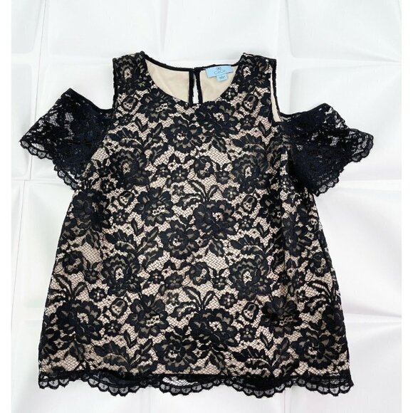 CeCe Sz S Black Scalloped Lace Overlay Cold Shoulder Blouse Top Womens - Picture 1 of 9